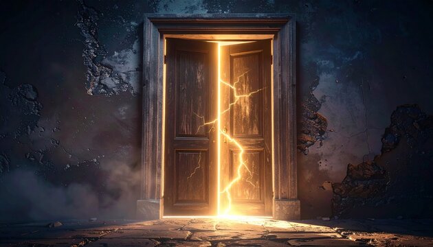 Ancient door closing slowly with glowing cracks of light peeking through, depicting the final chapter ending