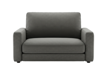 Modern gray sofa in a cozy living room setting with natural light streaming in isolated on white background