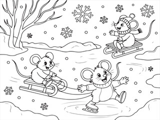 Cute Mice Skating and Sledding in Snow – Playful Winter Scene for Kids’ Coloring