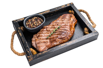 BBQ roast New York strip steak, striploin beef meat steak isolated on white background
