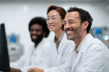 Fototapeta premium Team of diverse scientists smiling in a lab. Represents collaboration, research, and success. Ideal for healthcare, technology, or innovation concepts.