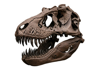 Fototapeta premium A detailed close-up of a well-preserved Tyrannosaurus Rex skull, showcasing intricate bone structure and sharp teeth against a stark black background.