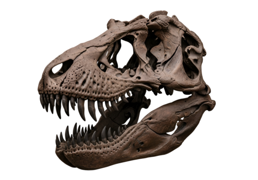 A detailed close-up of a well-preserved Tyrannosaurus Rex skull, showcasing intricate bone structure and sharp teeth against a stark black background.