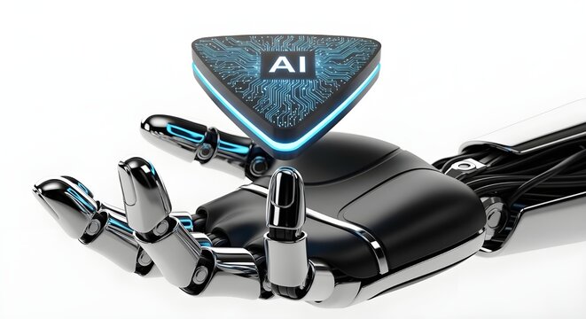 Cybernetic palm balancing AI triangular chip with luminescent edges, clean white backdrop.
