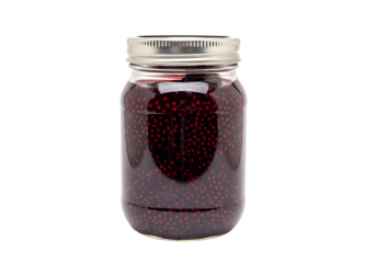 A clear glass jar filled with dark red fruit preserves, showcasing the contents and a metal lid.
