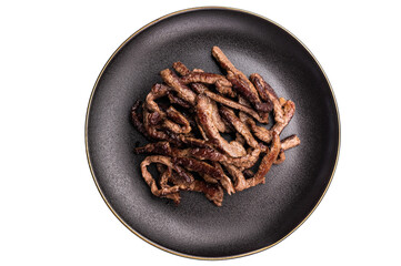 BBQ Fried beef tender strips, sliced steak in a plate isolated on white background