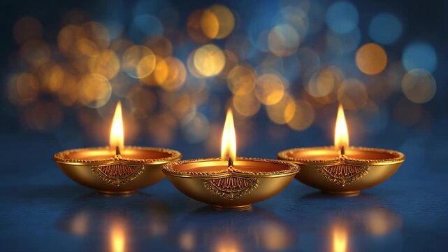Colorful happy diwali diya oil lamp with flame festive bokeh lights copy space hindu festival celebration