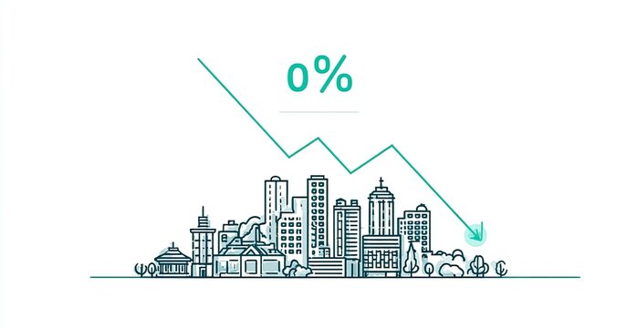 Graphic showing a declining percentage, depicted as a line graph with a downward trend, overlaid on a simple line drawing of a cityscape