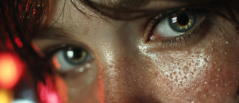 Close-up of of eyes, reflecting neon signs and city ights, hinting at hidden eotions and curiosity, softbokeh effect in the backgrund with subtle sparks andlight trails.