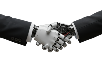 Robotic and Human Hands Shaking in a Professional Setting Symbolizing Cooperation isolated on white background