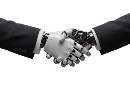 Robotic and Human Hands Shaking in a Professional Setting Symbolizing Cooperation isolated on white background