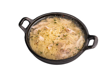 Chicken noodle soup with Vermicelli and meat in a bowl isolated on white background