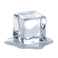 Clear melting ice cube with water puddle isolated on a transparent background liquid