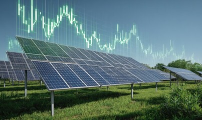 Solar panels with overlaid stock market charts