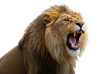 Fototapeta premium Isolated lion roaring with an open mouth, looking angry, powerful king animal