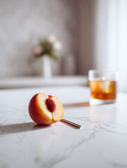 Elegant still life featuring a halved peach, a drink, and a metallic straw on marble. Evokes a sense of refined taste and simple pleasures. Ideal for lifestyle, food, or beverage concepts.