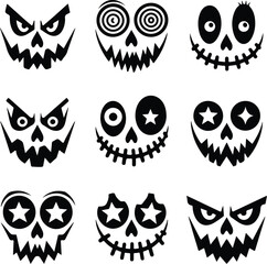 Halloween Lantern Face Silhouette Icon Set – Spooky Designs Jack-o’-Lantern Face Vector Collection – Scary Halloween Icons