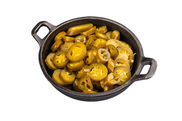 Pickled Jalapeno, Marinated Green Mexican pepper Slices in a skillet isolated on white background