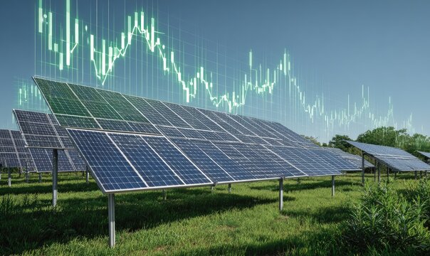 Solar panels with overlaid stock market charts