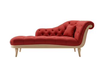 Isolated chaise lounge with red upholstered cushions and natural wood frame, elegant design