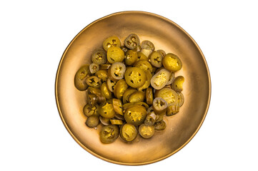 Pickled Jalapeno, Marinated Green Mexican pepper Slices isolated on white background