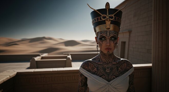 A captivating portrait of a woman adorned in regal attire, with the backdrop of an ancient Egyptian desert landscape - Powered by Adobe