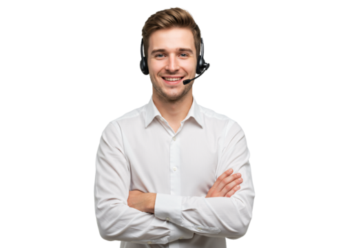 Smiling young man wearing a headset and white shirt with arms crossed isolated on transparent background