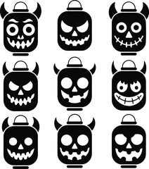 Halloween Lantern Face Silhouette Icon Set – Spooky Designs Jack-o’-Lantern Face Vector Collection – Scary Halloween Icons