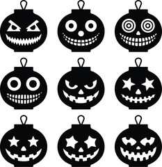 Halloween Lantern Face Silhouette Icon Set – Spooky Designs Jack-o’-Lantern Face Vector Collection – Scary Halloween Icons