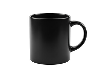 A glossy, dark black mug, with a handle, is presented against a plain black backdrop.