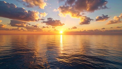 Sunset over a calm ocean horizon, the last rays casting dramatic reflections symbolizing a final serene moment.