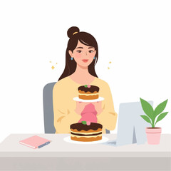 Young woman holding cakes in front of laptop at home workspace  