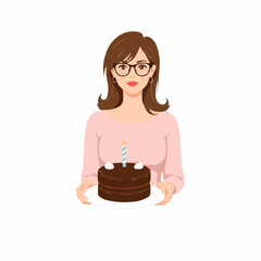 Woman holding chocolate cake with candle in minimal style  