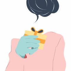 Woman holding a small gift box with ribbon in pastel colors  