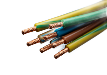 Close up of stripped electrical wires with copper strands exposed and colorful insulation isolated on transparent background