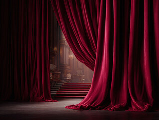 Dramatic red velvet curtains open to reveal a luxurious, vintage interior. Evokes elegance, theater, and anticipation. Great for themes of reveal, luxury, and performance.