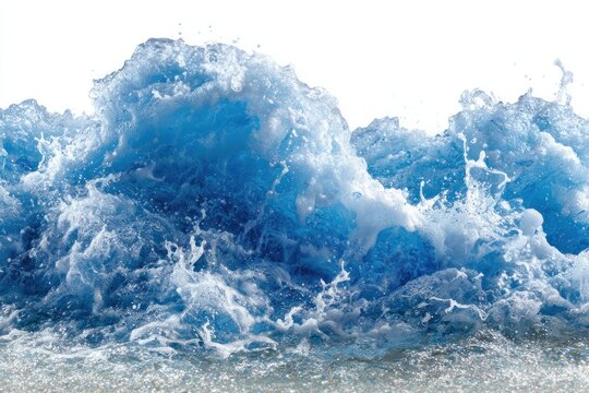 Foaming blue wave crests and breaks, isolated against white background, water droplets visible - Powered by Adobe
