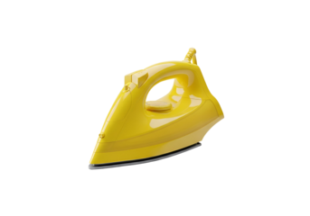 A bright yellow electric iron is featured against a dark background.