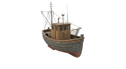 Naklejka premium A rustic fishing boat moored in a tranquil harbor with scenic coastal views isolated on white background