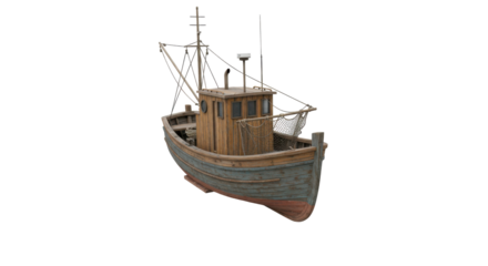 A rustic fishing boat moored in a tranquil harbor with scenic coastal views isolated on white background