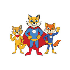 Dynamic cat superhero team poses with flowing capes and bold colors