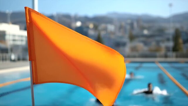 2 A former student works as a lifeguard at a community pool with whistles blowing kids splashing and towels drying in the sun rendered in a sunny photo with water ripples fabric