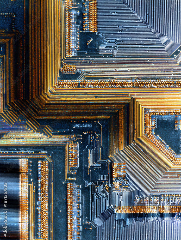 Poster detailed macro shot of a circuit board. represents technology, connectivity, and complex systems. id