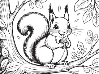 Playful Squirrel with Acorns – Cute Line Art Drawing of a Squirrel in Nature for Kids' Coloring
