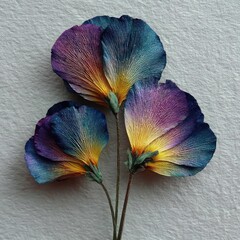 Four vibrant, iridescent flower petals, artfully arranged on a neutral background