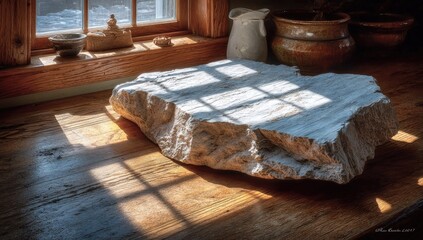 Rough-hewn stone rests on a sun-drenched wooden surface