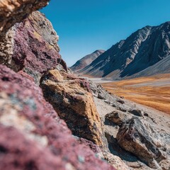 Rocky mountain pass, autumnal hues, clear sky