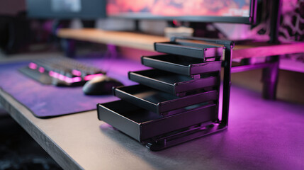 Sleek organizational trays on a vibrant, modern desktop. A symbol of productivity and efficient workspace design, ideal for showcasing storage solutions or techthemed content.