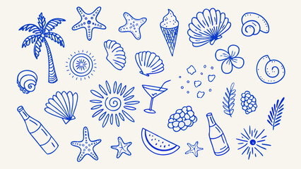 Collection of hand drawn summer beach icons in blue ink on a cream background