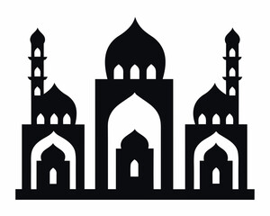 Black silhouette of a grand mosque with domes and minarets